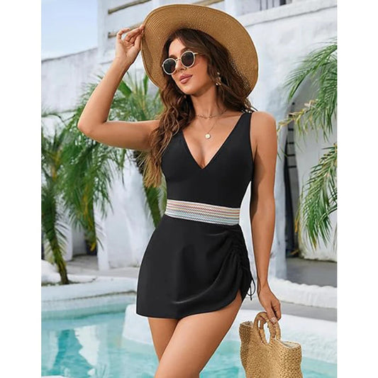 Maillot de bain 1 pièce femme – Décolleté V – Jupe froncée – Ceinture effet galbant
