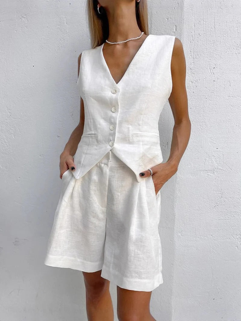Gilet femme – Lin – Coupe décontractée – Col en V ajusté – Fermeture à boutons