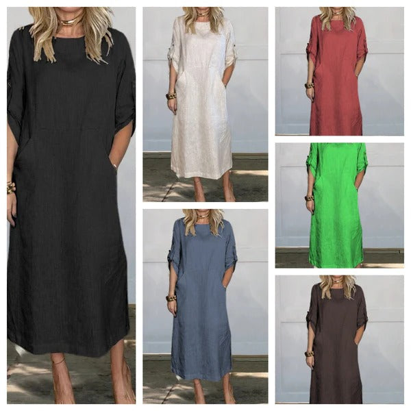 Robe longue femme – Coupe décontractée – Manches retroussables – Poches