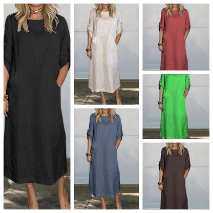 Robe longue femme – Coupe décontractée – Manches retroussables – Poches