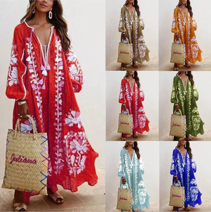 Robe caftan femme – Broderie florale – Coupe fluide – Manches larges respirantes