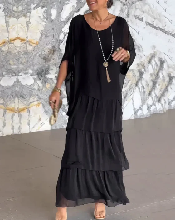 Robe longue femme – Coupe fluide – Manches coudes – Détails à volants