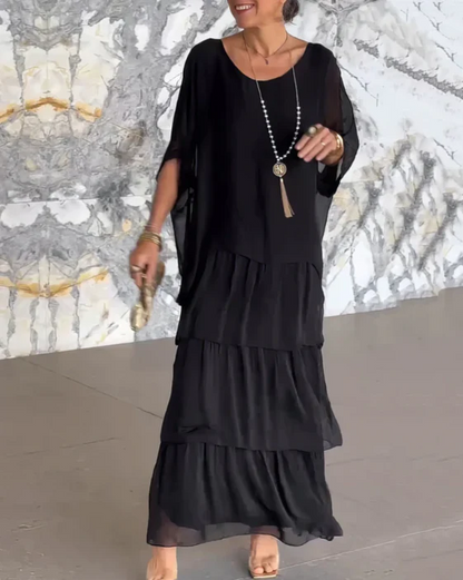 Robe longue femme – Coupe fluide – Manches coudes – Détails à volants