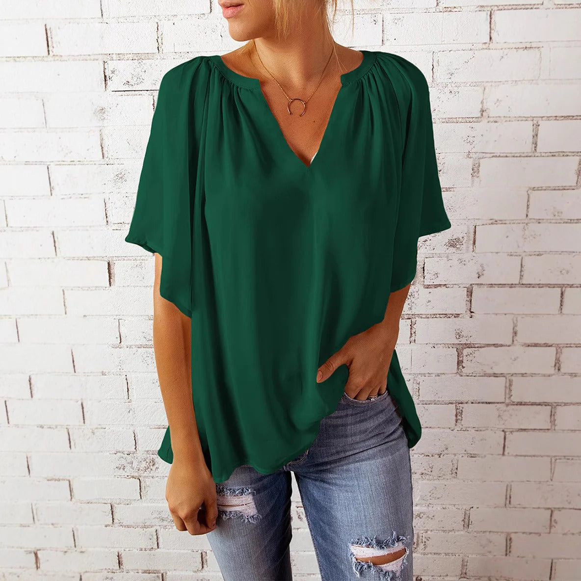 Blouse femme – Coupe décontractée – Col en V – Manches courtes