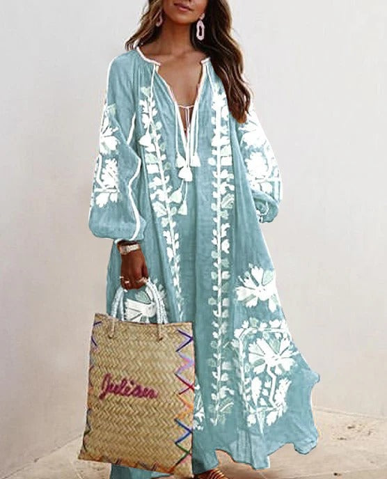 Robe caftan femme – Broderie florale – Coupe fluide – Manches larges respirantes