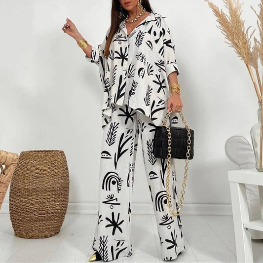 Ensemble Femme – Coupe Décontractée – Tissu Respirant – Pantalon Large – Chemise à Boutons
