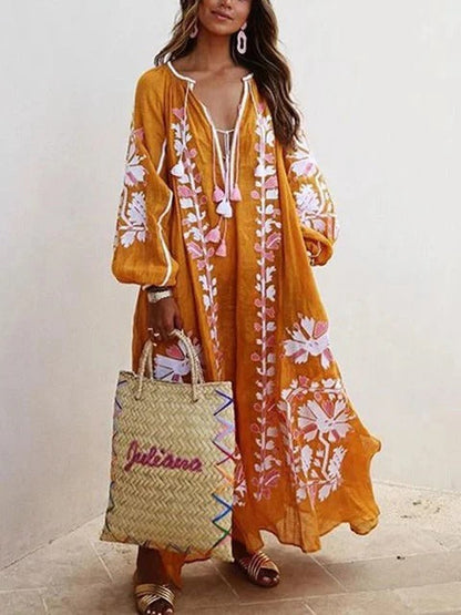 Robe caftan femme – Broderie florale – Coupe fluide – Manches larges respirantes