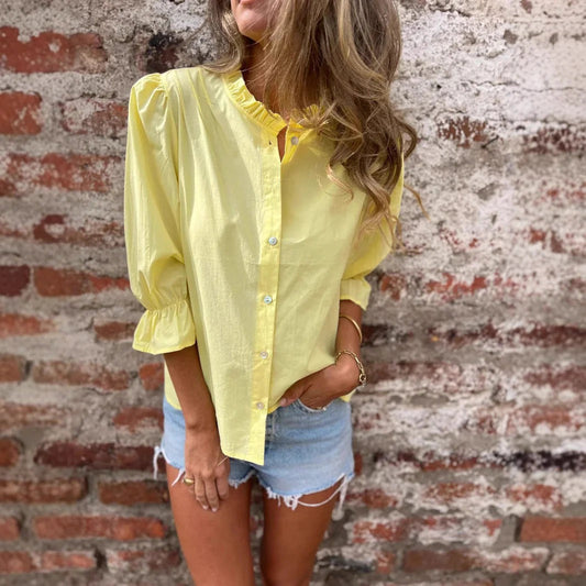 Blouse femme – Coupe décontractée – Coton – Col à volants – Manches bouffantes