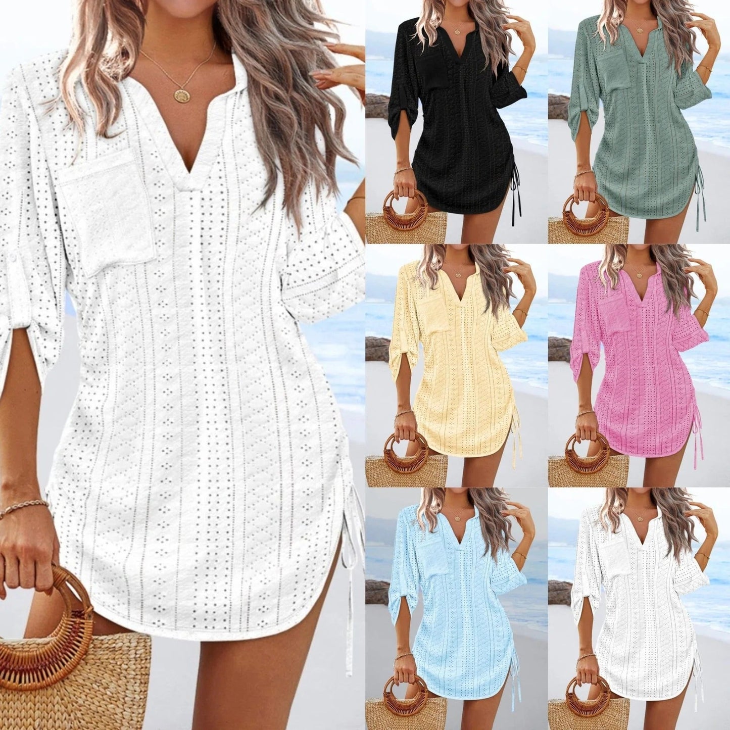 Robe de plage femme – Coton respirant – Coupe droite – Dentelle ajourée – Col en V