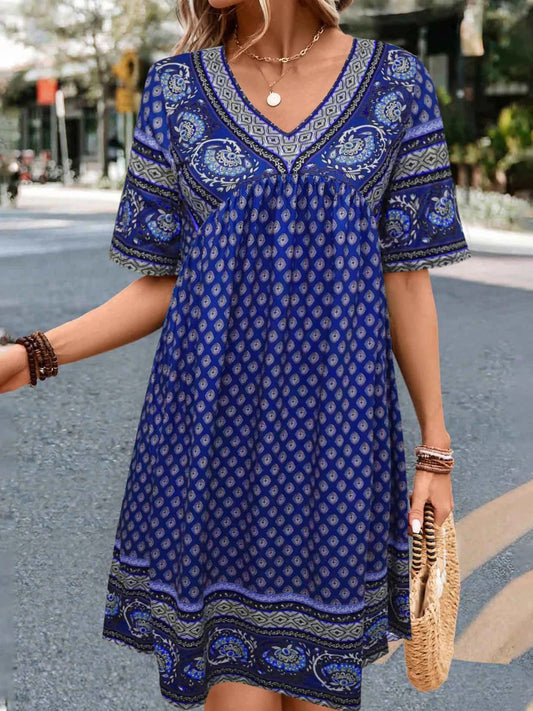 Robe décontractée femme – Coupe fluide – Col en V – Imprimé ethnique – Tissu coton
