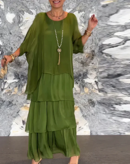 Robe longue femme – Coupe fluide – Manches coudes – Détails à volants