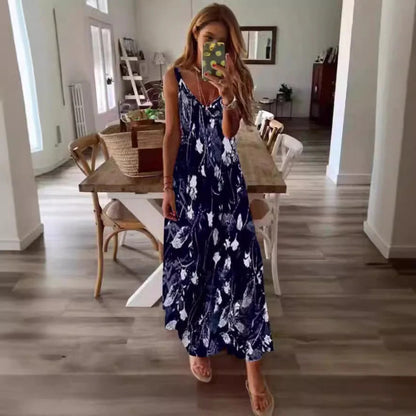 Robe longue femme – Coupe fluide – Sans manches – Décolleté en V – Motif fleuri