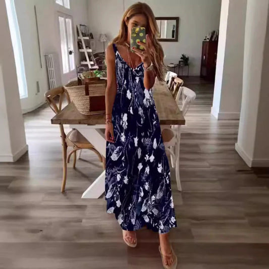 Robe longue femme – Coupe fluide – Sans manches – Décolleté en V – Motif fleuri