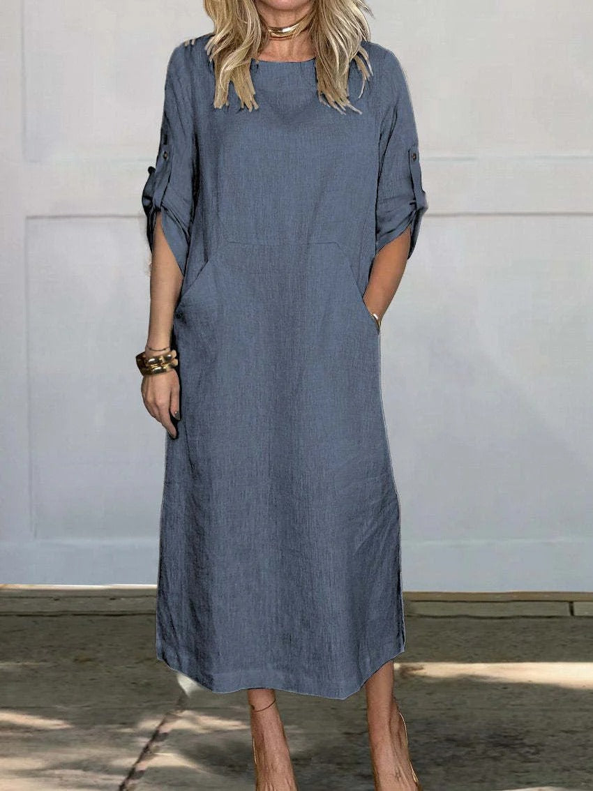 Robe longue femme – Coupe décontractée – Manches retroussables – Poches