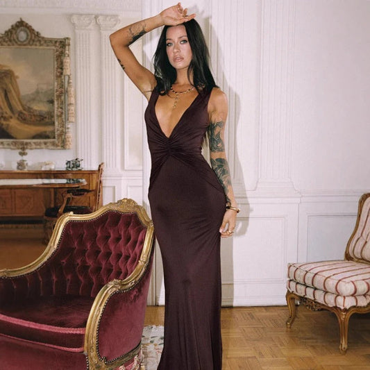 Robe longue femme – Coupe moulante – Décolleté plongeant – Sans manches – Taille froncée