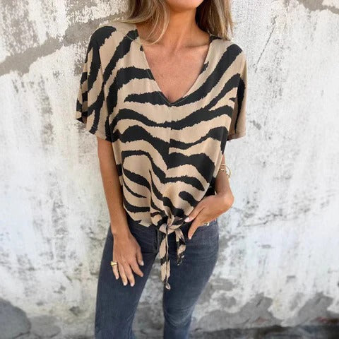 Blouse femme – Coupe décontractée – Décolleté en V – Nœud devant – Manches courtes – Tissu respirant