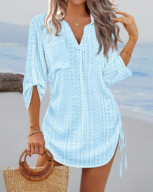 Robe de plage femme – Coton respirant – Coupe droite – Dentelle ajourée – Col en V