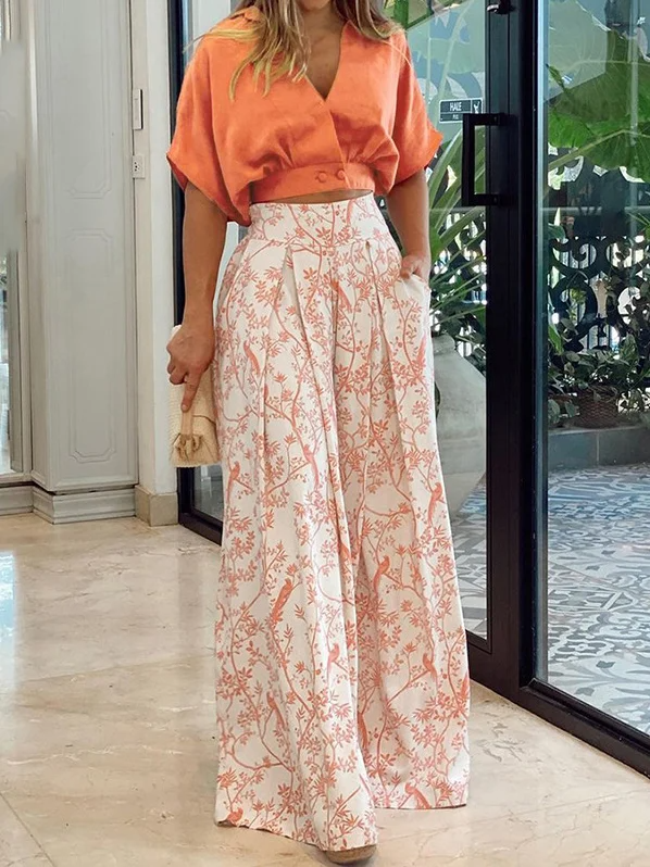Ensemble Femme Deux Pièces – Haut Court Manches Chauve-Souris – Pantalon Taille Haute Ample – Tissu Respirant