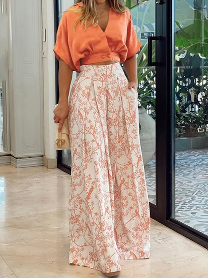 Ensemble Femme Deux Pièces – Haut Court Manches Chauve-Souris – Pantalon Taille Haute Ample – Tissu Respirant