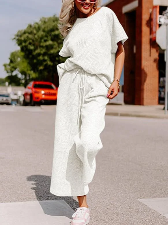 Ensemble Femme Décontracté – Maille Douce – Haut Ample Manche Courte – Pantalon Large