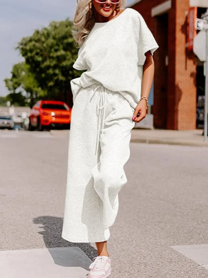 Ensemble Femme Décontracté – Maille Douce – Haut Ample Manche Courte – Pantalon Large