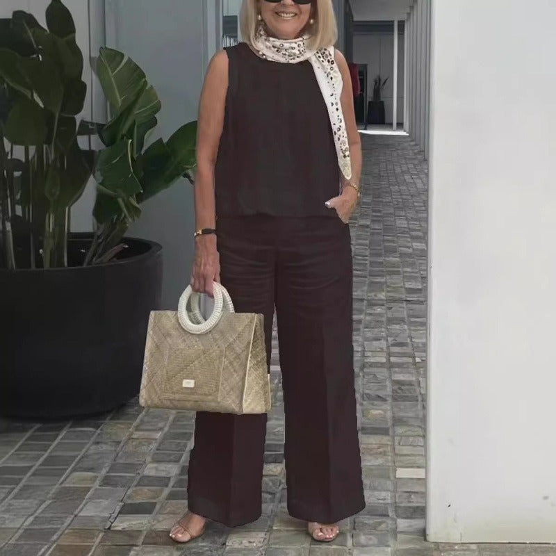 Ensemble Femme Deux Pièces – Lin et Coton – Coupe Ample – Top Sans Manches – Pantalon Large