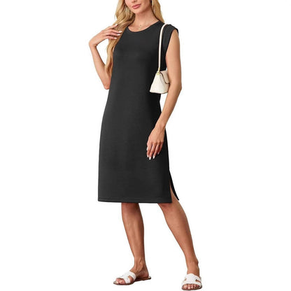 Robe femme sans manches – Coupe droite – Coton – Col rond – Longueur midi – Poches