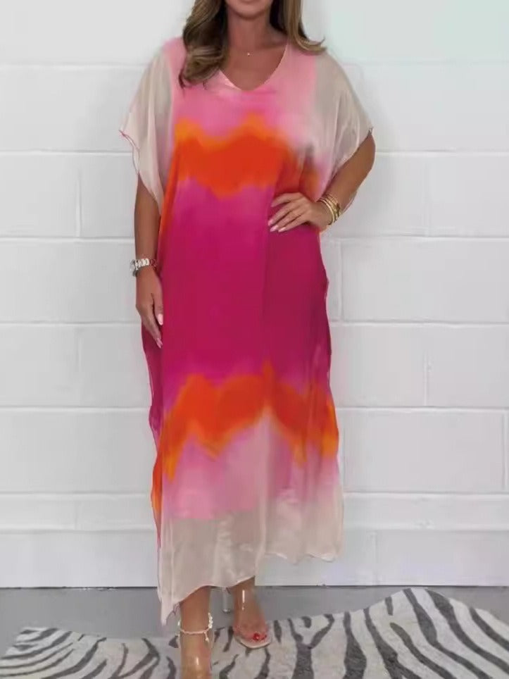 Robe longue femme – Coupe fluide – Col en V – Manches courtes – Dégradé ombré – Chiffon