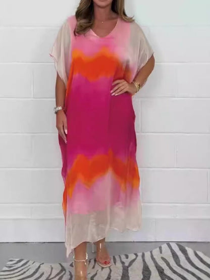 Robe longue femme – Coupe fluide – Col en V – Manches courtes – Dégradé ombré – Chiffon
