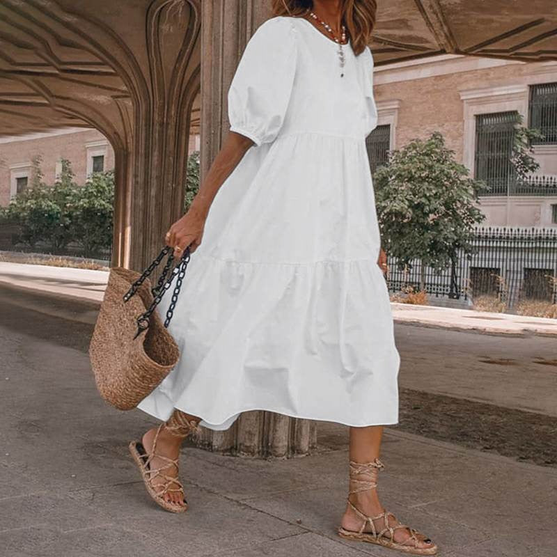 Robe midi femme – Coupe évasée fluide – Coton – Manches bouffantes – Encolure en V