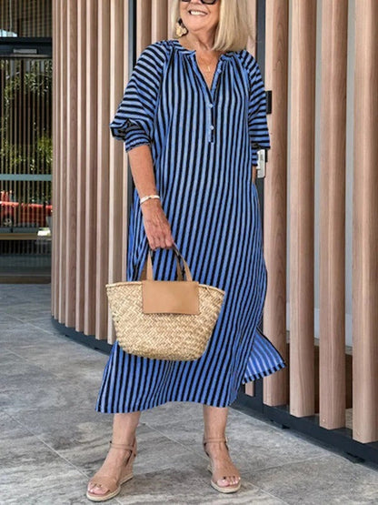 Robe midi femme – Coupe ample – Col en V – Manches volantées – Rayée – Coton