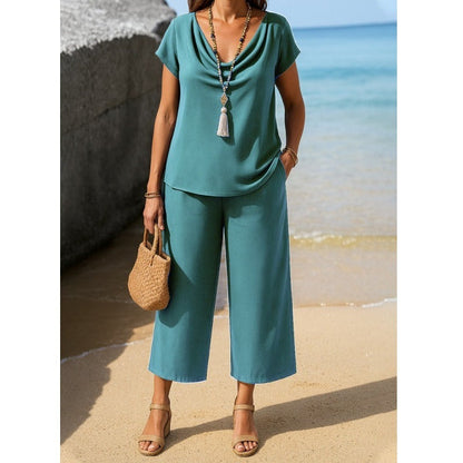Ensemble Femme Deux Pièces – Haut Col Dégagé Manches Courtes – Pantalon Large Capri