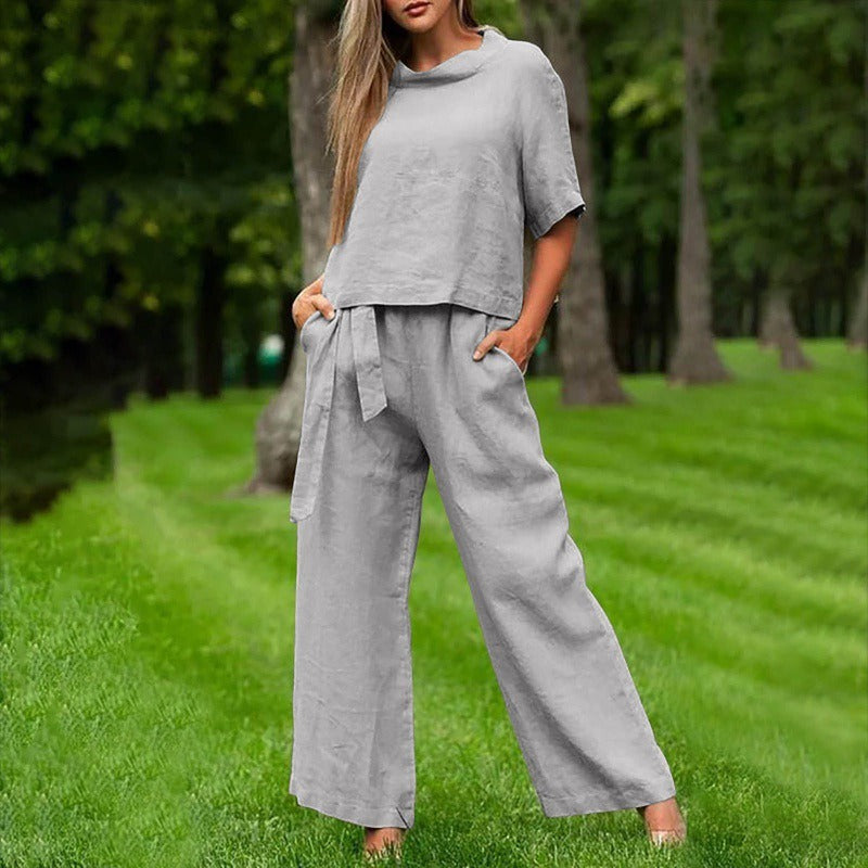 Ensemble Deux Pièces Femme – Coton – Haut Manches Courtes – Pantalon Large Ceinturé