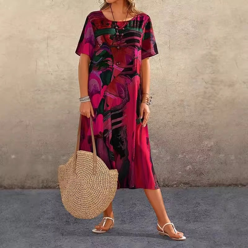 Robe femme midi – Coupe ample – Coton – Manches courtes – Imprimé abstrait