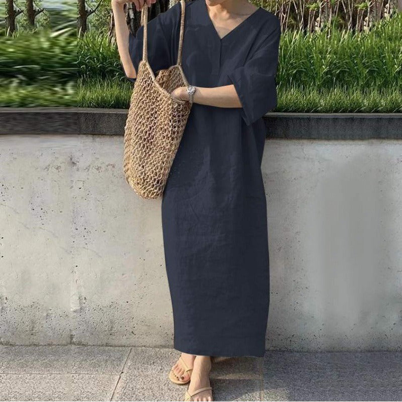Robe longue femme – Lin et coton – Coupe ample – Manches courtes – Col en V