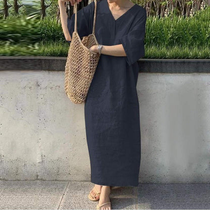 Robe longue femme – Lin et coton – Coupe ample – Manches courtes – Col en V