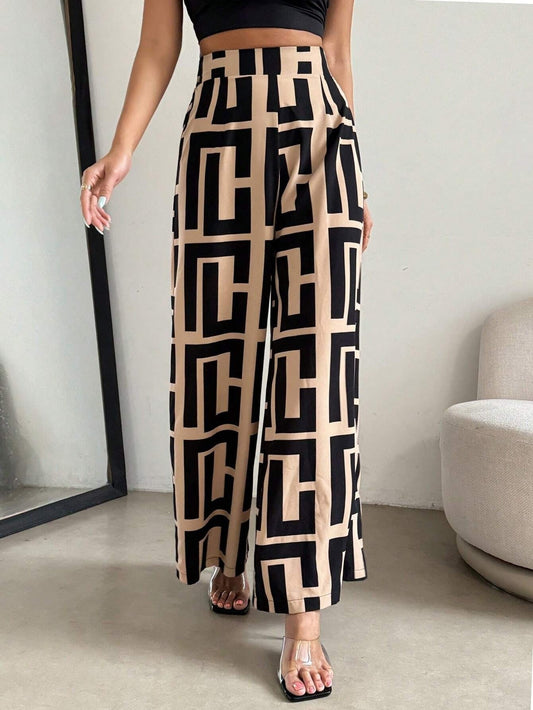 Pantalon large femme – Taille haute – Imprimé géométrique
