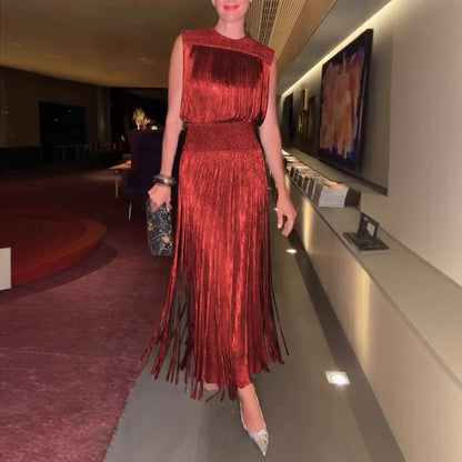 Ensemble deux pièces femme – Robe sans manches – Coupe élégante – Ourlet à franges – Effet soyeux – Longueur midi