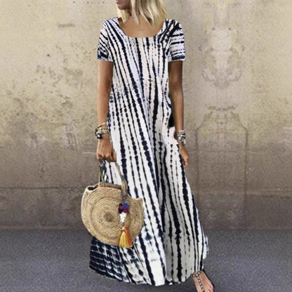 Robe longue femme – Coupe ample – Imprimé tie-dye – Manches courtes