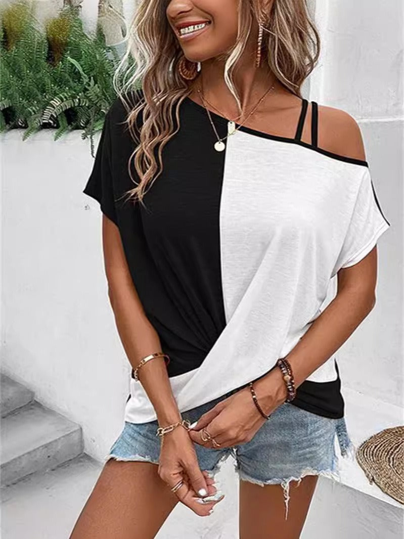 T-shirt femme – Coupe décontractée – Épaules dénudées – Détail nœud – Colorblock