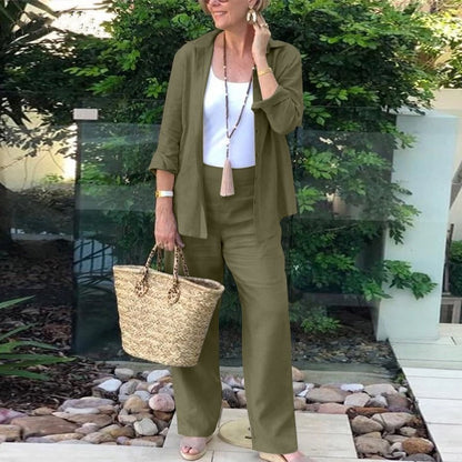 Ensemble Femme Deux Pièces – Lin Mélangé – Coupe Ample – Chemise Ouverte & Pantalon Large