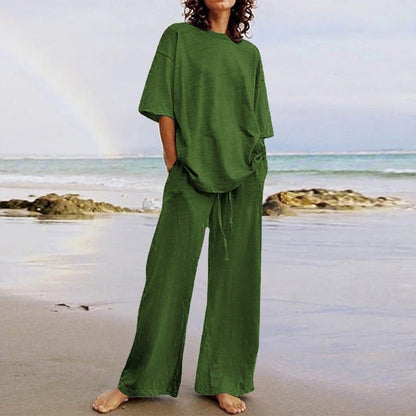 Ensemble femme deux pièces – Haut ample col rond – Pantalon large avec poches