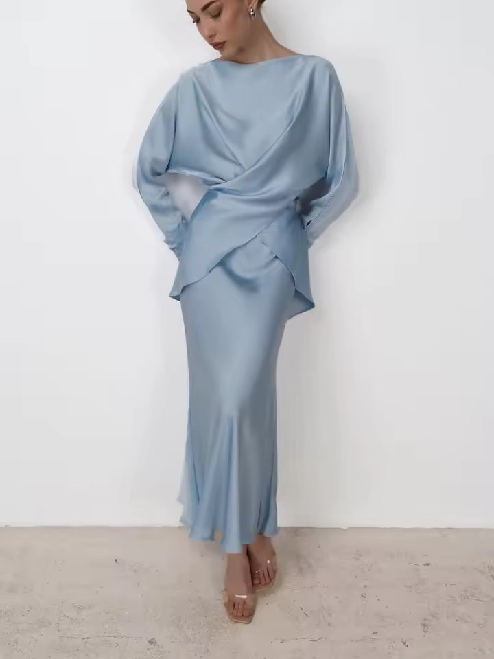 Ensemble femme jupe midi droite – haut manches longues drapé – finition satinée