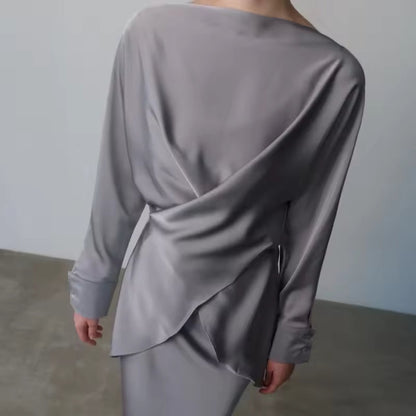 Ensemble femme jupe midi droite – haut manches longues drapé – finition satinée