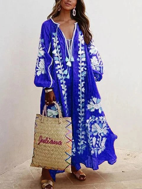 Robe caftan femme – Broderie florale – Coupe fluide – Manches larges respirantes