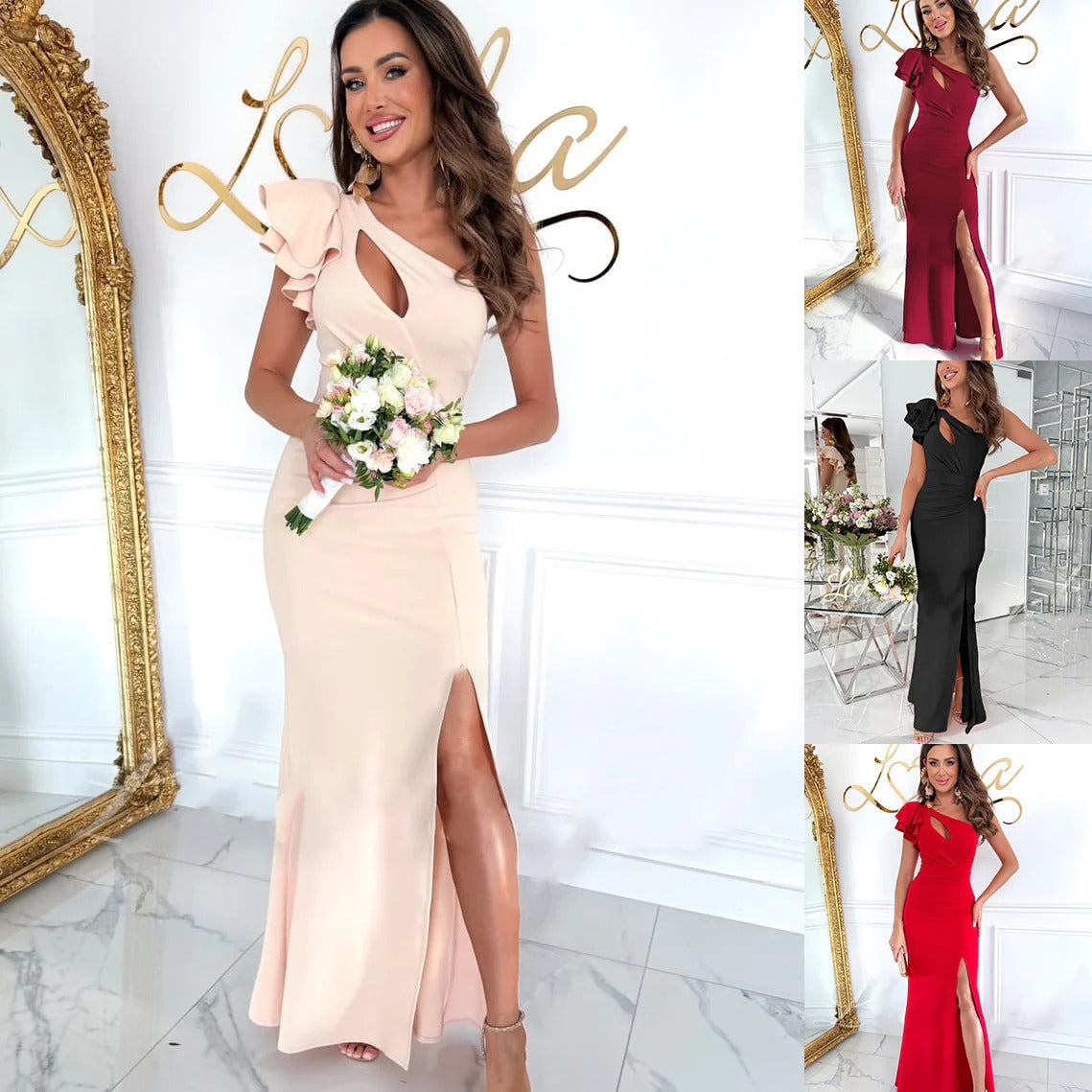 Robe de soirée femme – Coupe ajustée – Effet satin – Encolure asymétrique – Volant épaule