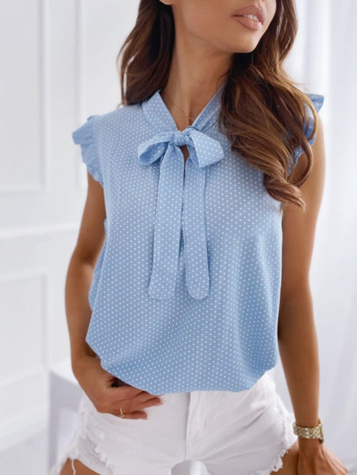 Blouse sans manches femme – Coupe décontractée – Nœud col – Pois – Volants épaules