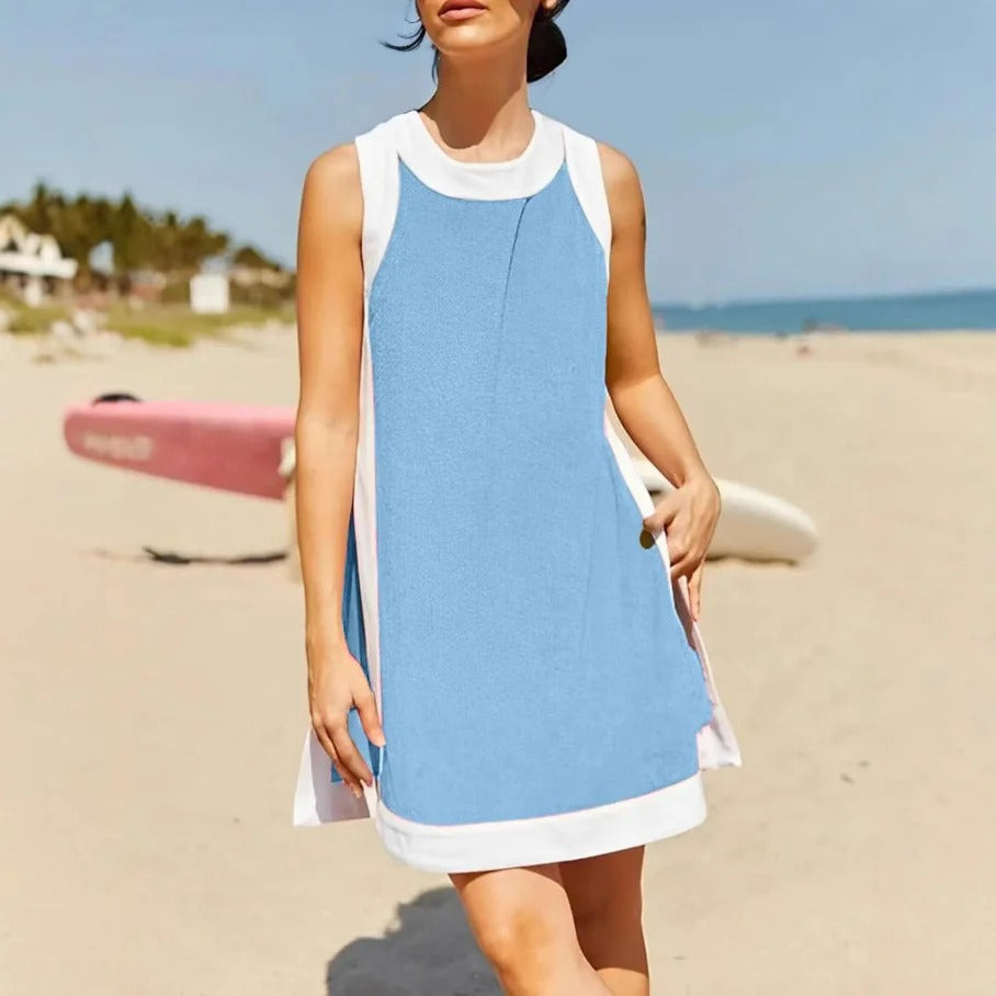 Robe mini femme – Coupe décontractée – Col sport – Sans manches – Poches latérales