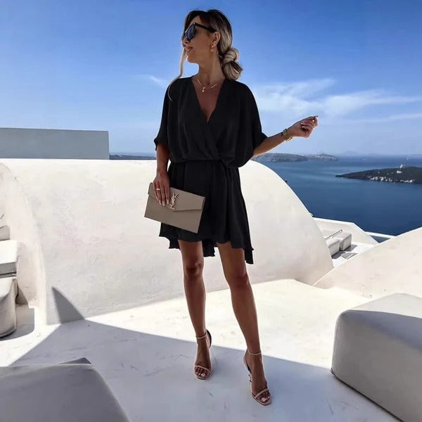 Robe portefeuille femme – Coupe décontractée – Encolure en V – Ourlet volanté – Tissu léger