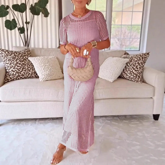 Robe longue femme – Coupe droite – Manches courtes – Tulle transparent élégant